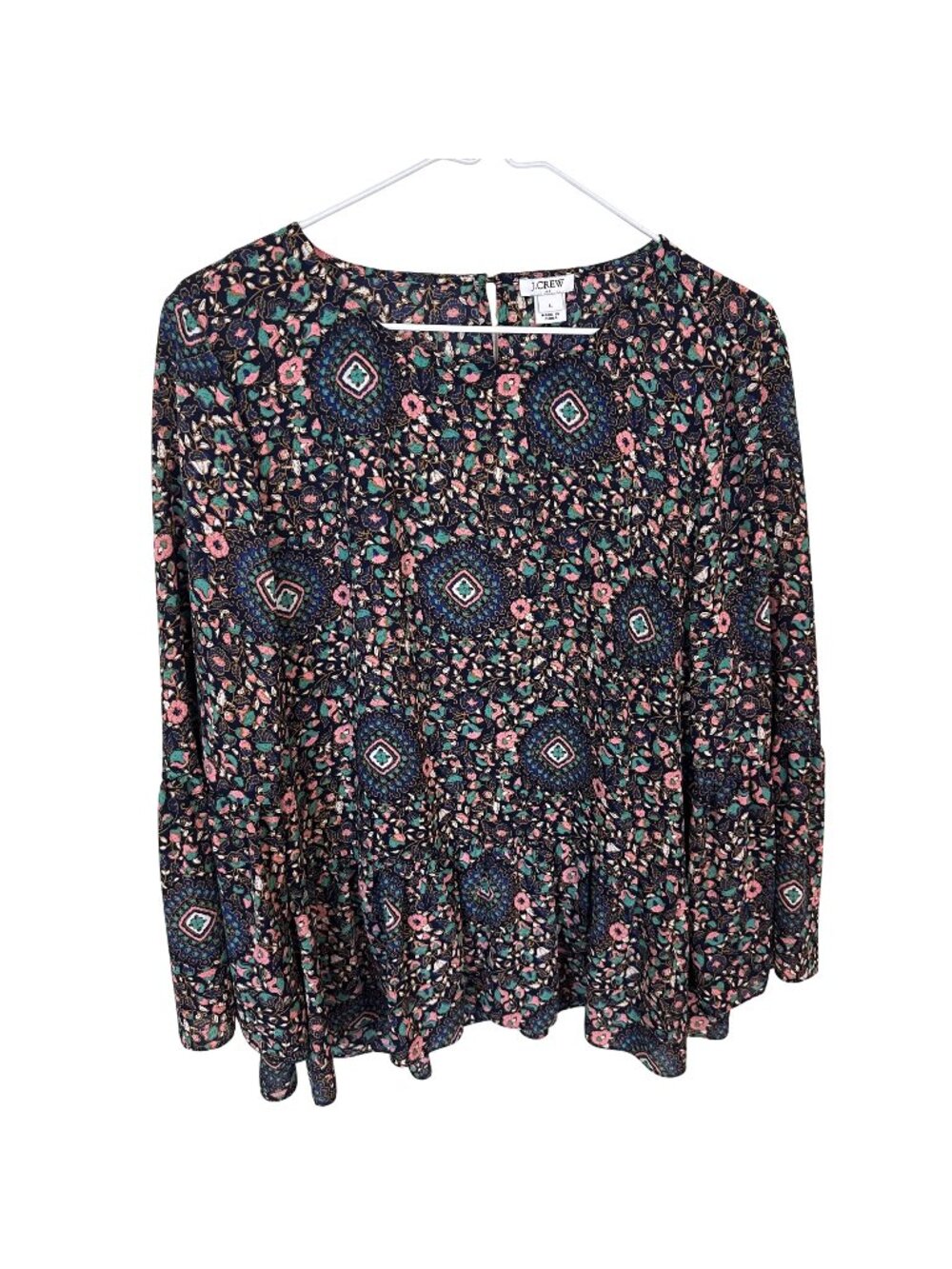 J Crew Womens Top Floral Peplum Long Sleeve Blouse Large Navy Pink Career